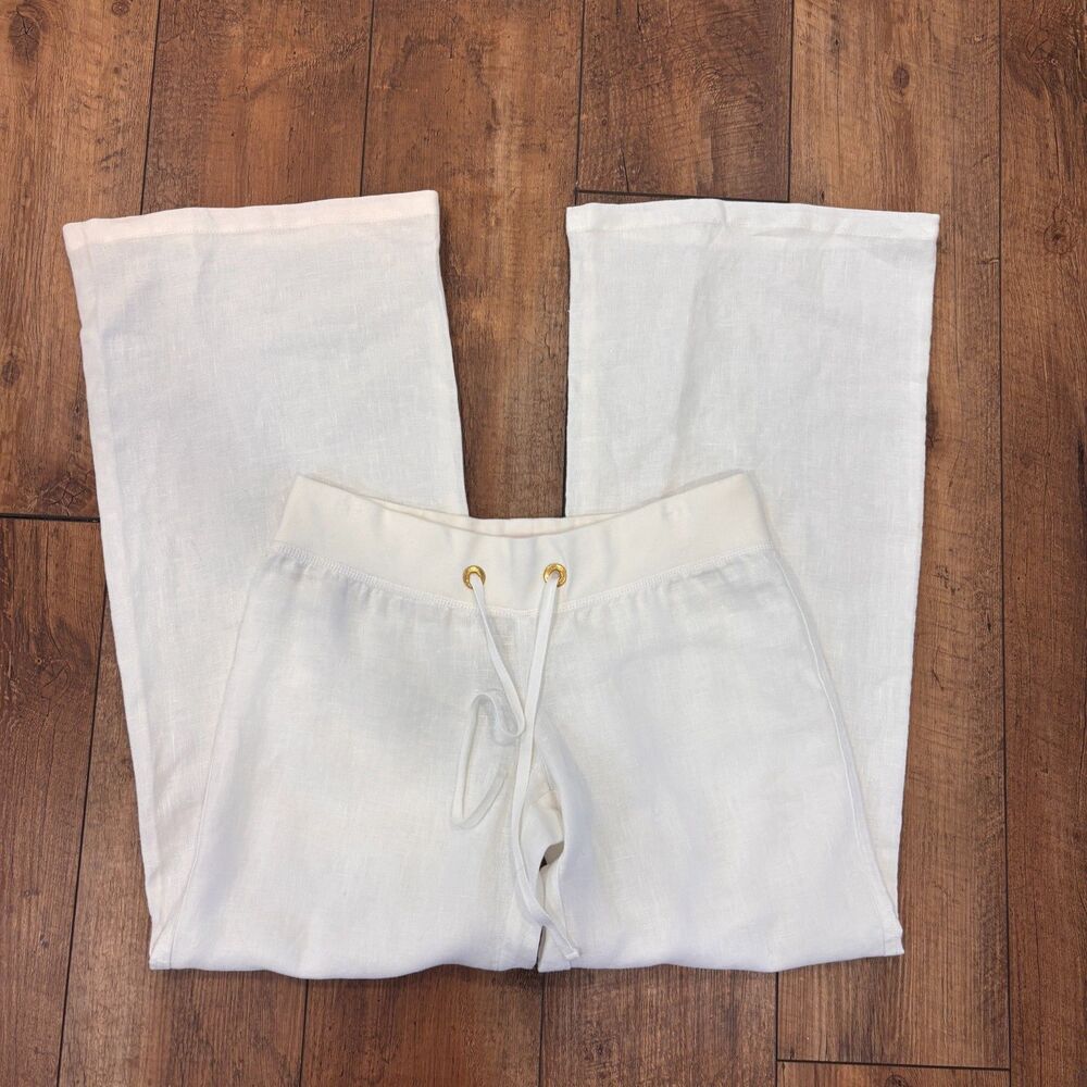 Lilly Pulitzer White Linen THE BEACH PANT Wide Leg Small Drawstring Luxe Beach